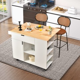 LOKO Kitchen Island with Drop Leaf, Rolling Kitchen Storage Cart with Drawer, Cabinet, 6 Open Shelves, Spice Rack & Towel Bar, Rolling Kitchen Island with Storage & Lockable Wheels (White)