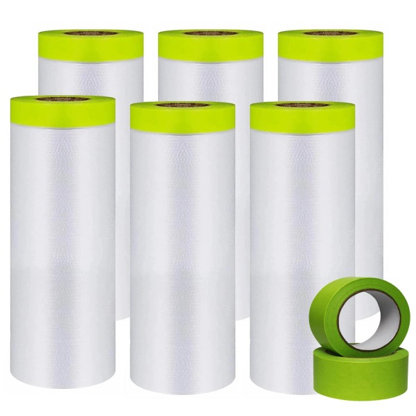 YUNXIHUI Painters Plastic with Tape, Tape and Drape, 6 Rolls
