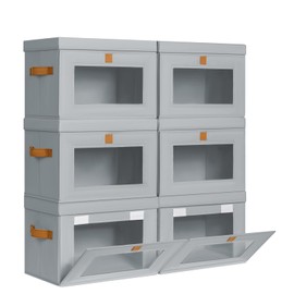 DIMJ Storage Bins with Lids - 6 Pack Front Opening Stackable Fabric Storage Boxes with Clear Window & Handles, Collapsible Closet Organizers for Clothes, Sweaters, Shelf Storage, Bedroom, Gray