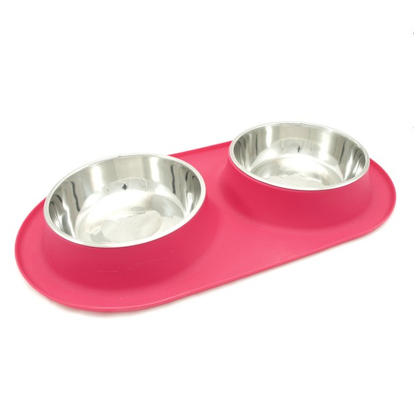 Messy Mutts Double Silicone Feeder with Stainless Bowls | Non-Skid Food Dishes for Dogs for All Pets | Dog Food Bowls | Large, 3 Cups Per Bowl | Watermelon