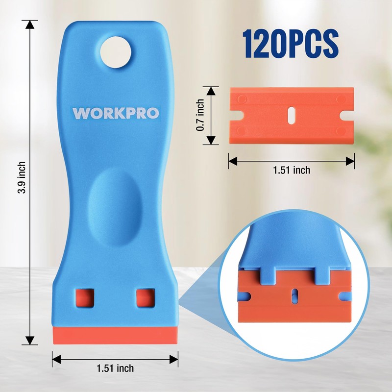 WORKPRO 3-Piece Plastic Razor Blade Scraper with 120 Pcs Plastic