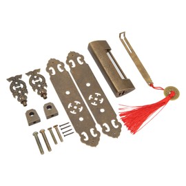 Antique Padlock Handles Set Chinese Vintage Style Bronze Color Brass Cabinet Backplate Strip Pulls Set for Tool Boxes