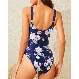Tempt Me - Traje de baño de una pieza para mujer con control de abdomen y corte fruncido, cuello en V y parte delantera, Azul Floral, S