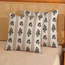 GOLIANDA Floral Pillow Covers 18x18 Inch Set of 2 Block Print Brown Throw Pillows Vintage Flower Boho Outdoor Decorative Pillow Cases Striped Farmhouse Linen Cushion Case for Couch Sofa Home Decor