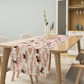 FengMingRui Mid Century Table Runner Vintage Pink Abstract Geometric Atomic Star Retro Black Cat Dining Table Decoration for Kitchen Dining Room 13x36in