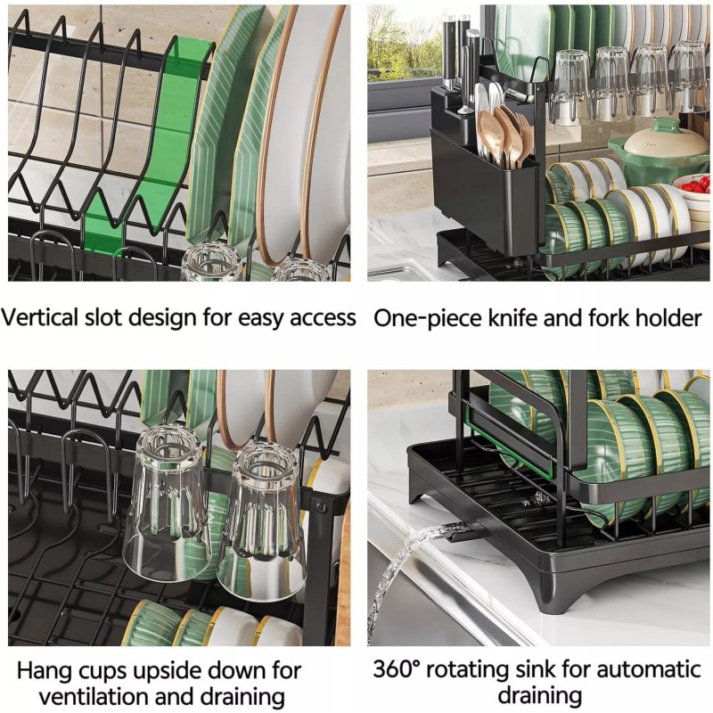 AIDERLY 2 Tier Dish Drainer Rack with Drip Tray Cutlery