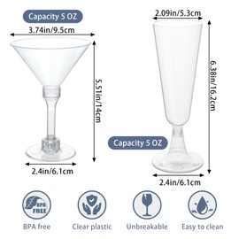 HOSTK 50Pcs 2 Style Plastic Martini Glasses, Disposable Clear Champagne Flutes, 5 oz Plastic Cocktail Glasses for Bachelorette Party Decorations Wedding Margarita Wine Champagne Ice Cream Dessert