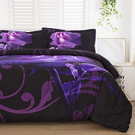 Purple Comforter Set Twin Reversible Purple Rose Pattern Printed Bedding Down Comforter with 1 Pillow Cases for All Seasons, Soft Microfiber Inner Filling Bedding Set 68"x90"