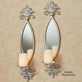Giorgianna Candle Wall Sconce Set | Silver and Champagne Pearl Mirrored Sconces for Bedroom, Living Room, Hallway | Elegant Glam Style Decor