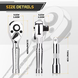 Tiosamd Stubby Ratchet Set- 3/8" Drive Ratchet Handle with a Extension Bars, Gift for Men 72-T Reversible Quick Release Head Premium Mini Ratchet Wrench for Narrow Spaces