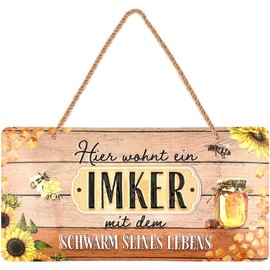 LANOLU Retro Tin Sign IMKER Accessories, Swarm of His Life, Gift for Beekeepers, Bee Decoration, Decorative Bees, Bee Gift, Metal Sign with Jute Cord 16 x 32 cm