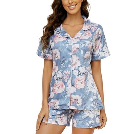 LYCY Womens Pajamas Set Floral Print, Soft Pajamas for Women Shorts Set, Summer Button Down 2 Piece Women Pjs (Grey Floral, M)