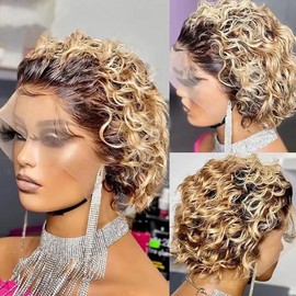 Bestvivid Pixie Cut Short Curly Lace Front Wigs Human Hair Ombre Blonde 13x1 HD Lace Bob Wigs Pixie Cut Glueless Blonde Lace Front Wigs Human Hair for Women 6 inch