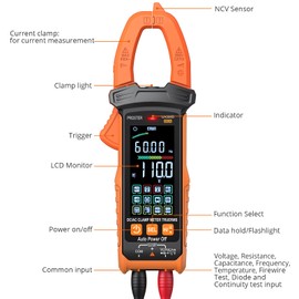 Proster Digital Clamp Meter - 600A DC AC Current 600V AC DC Voltage NCV Continuity Capacitance Resistance Frequency Diode Hz Test