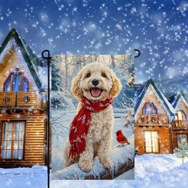 Winter Golden Doodle Garden Flags 12x18 Inch Double Sided, Burlap Dog Snow Outdoor Garden Flag Winter Decorations, Small Decorative Yard Lawn Falgs for Outside