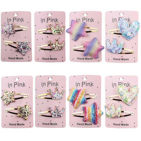 Pack of 16 Star Hair Clips for Girls, Children's Hair Clips, Multicoloured Hair Clips, Star Crown, Heart Shape, Sequins, for Birthday Parties, Travel and Daily Life