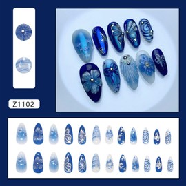 Press on Nails Short Almond RIICFDD Dark Blue Fake Nails Shell False Nails with 3D Bow Flower and Butterfly Designs Stick on Nails Glossy Glue on Nails Acrylic Nails for Women Girls 24 Pcs