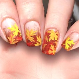 LOPMNGHT Thanksgiving Nails Medium Square Artificial Acrylic Nail Gradient Glitter Yellow Maple Leaf Design Stick on Nail Full Cover Coffin Press on Nail Thanksgiving for Women Manicure 24Pcs