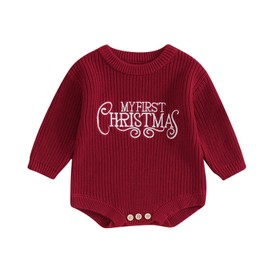 My First Christmas Baby Christmas Sweaters Letter Embroidered Long Sleeve Fall Winter Knitted Pullover (A Red, 0-3 Months)