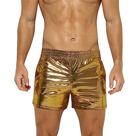 ABAFIP Men's Metallic Shiny Rave Dance Shorts Elastic Waist Hologram Reflective Music Festival Stage Dancewear Bottoms Costume Short Pants Gold Small