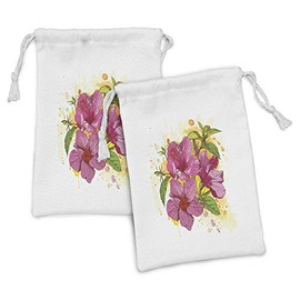Ambesonne Floral Fabric Pouch Set of 2, Vibrant Hibiscus Flower Bouquet Exotic Watercolor Artwork, Small Drawstring Bag for Toiletries Masks and Favors, 9" x 6", Earth Yellow Fuchsia
