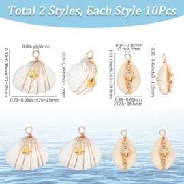 SUNNYCLUE 1 Box 20pcs 2 Styles Spiral Shell Charm Cowrie Charm Gold White Conch Oval Seashell Star Pendants Bulk With Loop Bails for Jewellery Making Women Wedding Earrings Necklaces Decorations Gifts