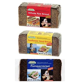 Mestemacher Natural High Fiber Bread 3 Flavor Variety Bundle: (1) Whole Rye, (1) Pumpernickel, and (1) Sunflower Seed, 17.6 Oz. Ea. (3 Total)