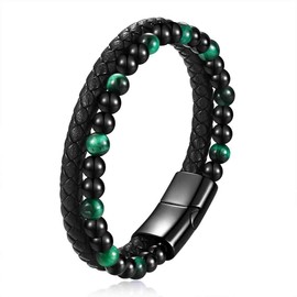 MYNENEY Stainless steel tiger eye stone cuff leather bracelet with bead, hand woven double-layer men's bracelet (Green, 7.5in)