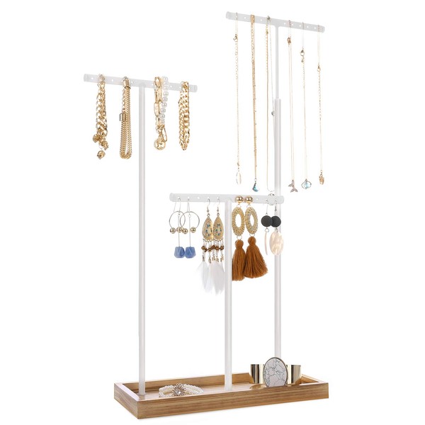 SONGMICS 2-in-1 Jewelry Display Stand Holder, Jewelry Rack Tree with 3 T-Shape Metal Bars with Holes, Storage Tray, Adjustable, Long Necklace Bracelet Earring Ring, Rustic Brown and White UJJS016W01