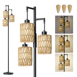 Oneach 70" Floor Lamps for Living Room, Stepless Dimmable Boho Floor Lamp with 3 Bulbs, Tall Farmhouse Industrial Corner Standing Tree Lamp for Bedroom, Office, Study Room, Rattan with Linen Shade