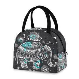 ZZKKO Indian Lotus Ethnic Elephant Lunch Bag Box Tote Organizer Lunch Container Insulated Zipper Meal Prep Cooler Handbag For Women Men Home School Office Outdoor Use