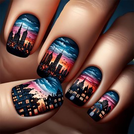 Short Press on Nails Matte Fake Nails Blue Sky City Designs Full Cover Gradient Glue on Nails Short Square False Nails Press on Reusable Acrylic Artificial Nails for Women Girls 24Pcs