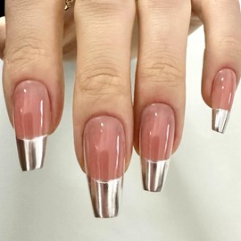 Redykat 30PCS Handmade Glossy Soft Gel Press on Nails, Silver Chrome French Tip Fake Nails,Reusable Ombre Long Coffin Press on Nails (Fairy Tips)