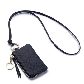 Genuine Leather Key Coin Case Neck Multi-functional Mini Wallet for Women with Accessory Holder for Men Small Leather Coin Case with Key Chain, black