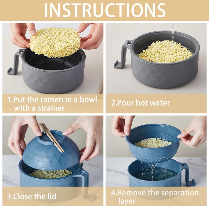 Romooa 2 Sets Microwave Ramen Cooker Bowl 33 oz Wheat