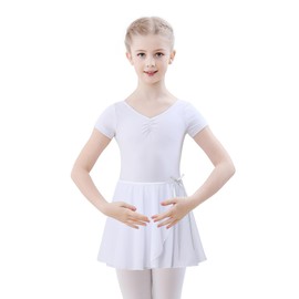 FONLAM Girls' ballet dress, ballet leotard, short sleeve dance dress, dance body, leotard, ballet skirt, tutu, children's ballet suit, cotton, White