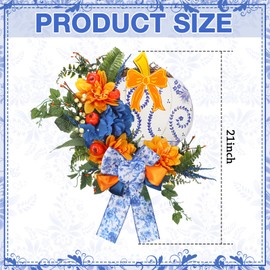 Lineshading Fall Chinoiserie Pumpkin Wreath Autumn Blue and White Hanging Door Decorations Floral Berries Wreath with Bow Chinoiserie Pumpkin Wooden Board for Thanksgiving Farmhouse Home Outdoor