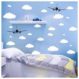 31 piezas de calcomanías de nubes para pared y 2 piezas de aviones negros decorativos para pared para habitación de bebé y niños, calcomanías de pared de nubes removibles de vinilo CUNYA para