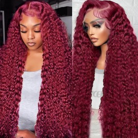 OPNGF 30 Inch 99j Burgundy Lace Front Wig Human Hair 13x4 Hd Transparent Deep Wave Wig Human Hair Pre Plucked Red Colored Glueless Curly Human Hair Wigs For Women with Baby Hair 200% Density