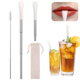 OUTXE Anti Wrinkle Collapsible Straws 2 Pcs, Flat Wide Portable Telescopic Travel Drinking Straw, Reusable Wrinkles Free Pocket Stainless Steel Metal Straw for Lip Filler with Clean Brush& Carry Bag