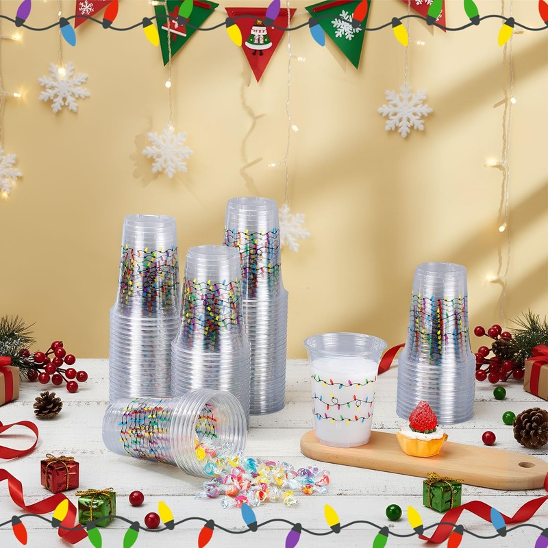 100 Pack 16 oz Christmas Clear Plastic Cups with Lights