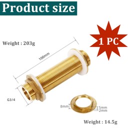 NAMIC Solid Brass Bulkhead Fitting, G3/4 Male Thread, 100 mm, Brass Threaded Connection Adapter with 2 Rubber Seals, for Pipes, Fittings, Water Tanks, Water Butt, Aquarium, Pool