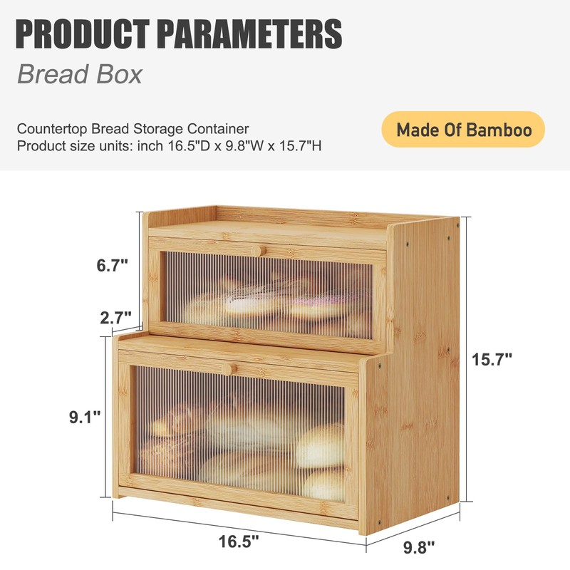 Furshus Double Layer Bamboo Bread Box for Kitchen Counter, Countertop