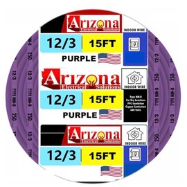 Electrical Wire 12/3 NM-B, 15 Feet, Copper, Purple Jacket, 3 Conductors with Ground