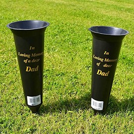 Set of 2 Black In Loving Memory DAD Spiked Memorial Grave Flower Vases Graveside Memorial with flower holder inserts