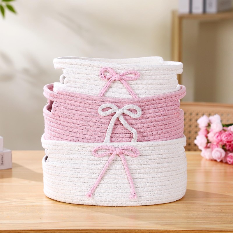 Breling 3 Pieces Coquette Bow Laundry Hamper Cotton Rope Storage