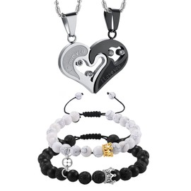 OIDEA Partner Bracelet with "I Love You" Heart Puzzle Necklace Set, Made of High-Quality Stainless Steel, Silver/Black, 4 Pieces for Couples, Stainless Steel