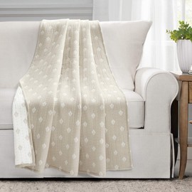 Lush Decor, Neutral Hygge Kantha Pick Stitch Yarn Dyed Cotton Jacquard Throw Blanket 60" x 50"