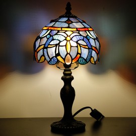 TCODTPOL Small Tiffany Lamp Stained Glass Table Lamp Mini Desk Accent Light for Bedroom Bedside Reading Home Antique Style Decor 8X15 Inches (Blue Purple)