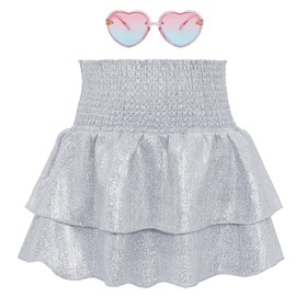American Trends Girls Metallic Skirt Sequin Sparkly Skirts 2-Layer Ruffle Skirts with Sunglasses Cheerleaders Skirt Silver 6-7 Years